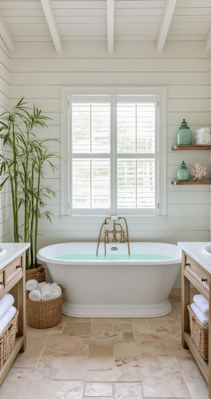 Spacious Florida-style bathroom with freestanding white clawfoot tub under a large window, whitewashed shiplap walls, reclaimed driftwood double vanity with brass fixtures, and decorative coastal styling elements, capturing a serene and luxurious retreat atmosphere.