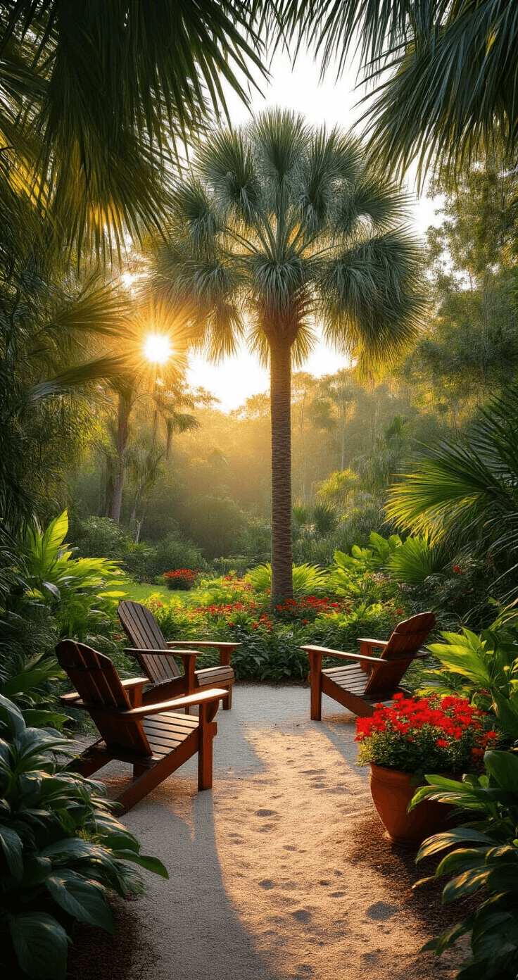 Photorealistic wide-angle view of a vibrant Florida garden at golden hour, featuring a majestic palm, colorful native plants, weathered Adirondack chairs, and warm amber sunlight casting dappled shadows.