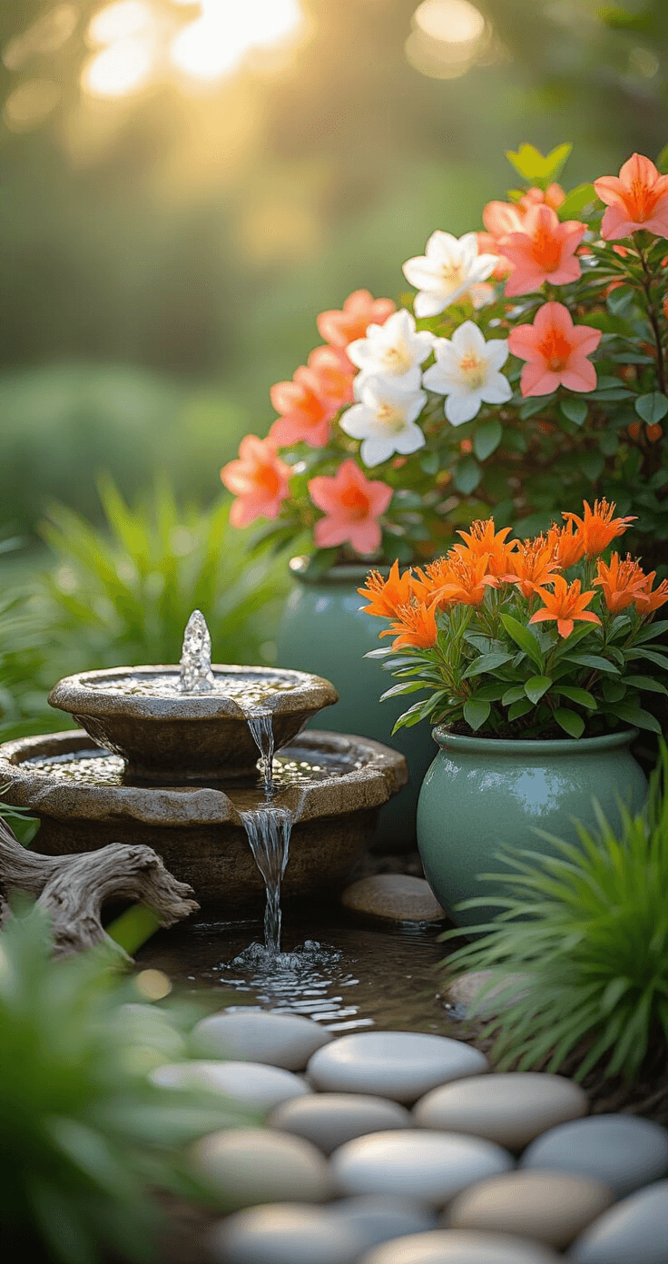 Close-up of a tranquil Florida garden scene featuring a bubbling stone fountain surrounded by native azaleas in coral and white blooms, textured sage green ceramic planters with orange milkweed, driftwood accents, and smooth river stones, all illuminated by soft morning light with dewdrops glistening on grass blades and flower petals.