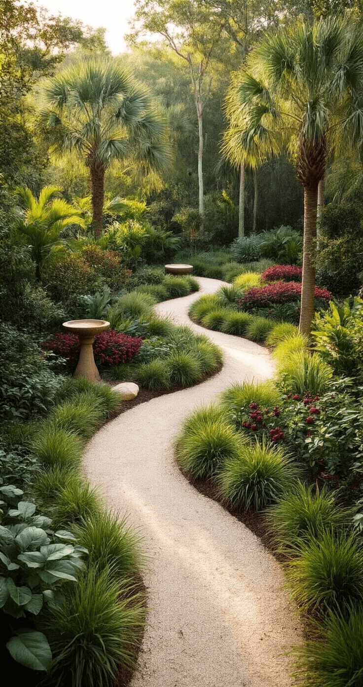 Elevated view of a layered Florida garden featuring Silver Palms, firebush, beautyberry shrubs, and native grasses, with a sandy pathway, rustic bird bath, and decorative stones; showcasing vibrant greens and purples, designed for wildlife attraction.