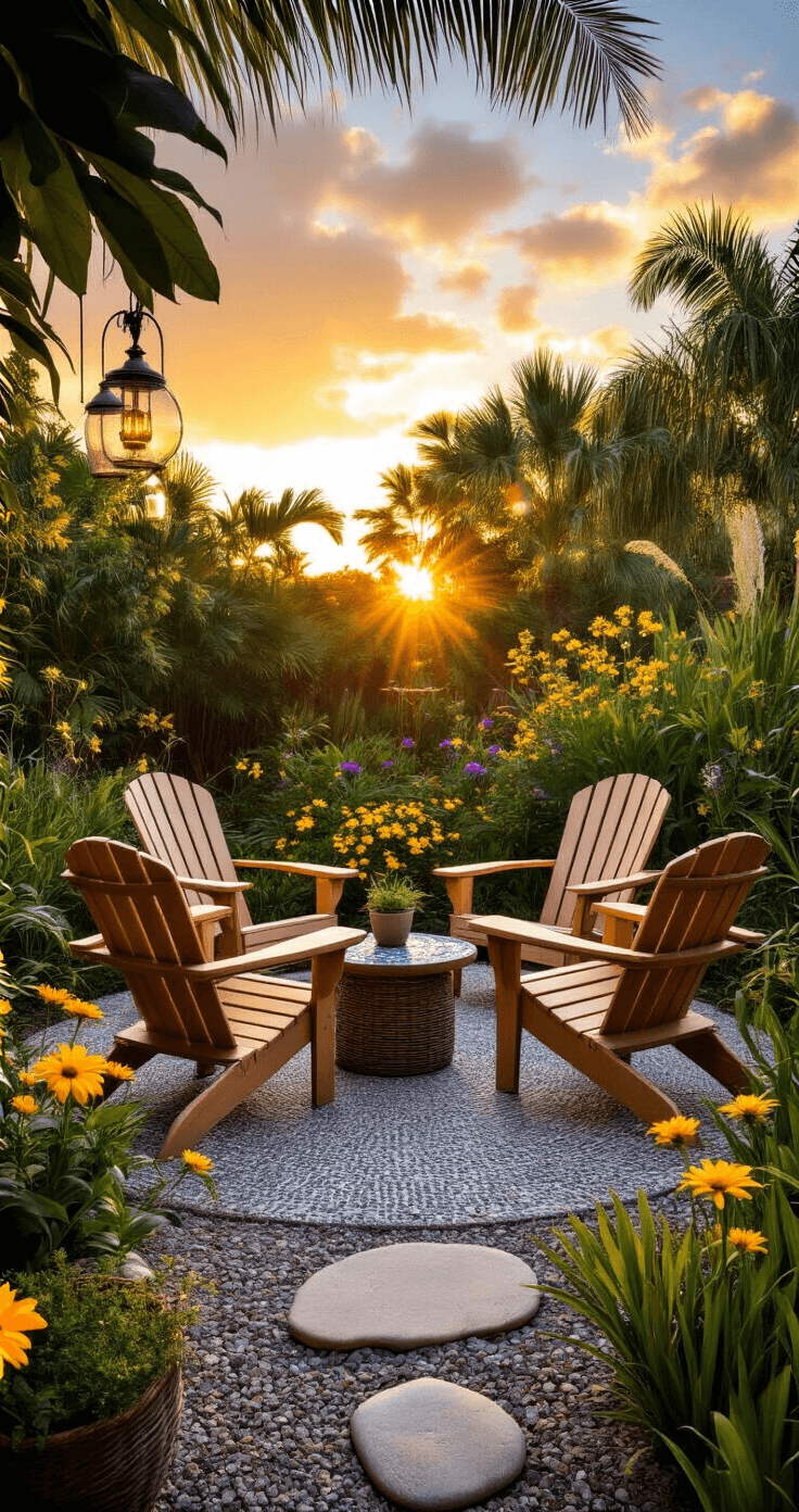 Cozy sunset garden seating area with Adirondack chairs, mosaic side table, blooming wildflowers, and tropical foliage, featuring warm backlighting and decorative lanterns.