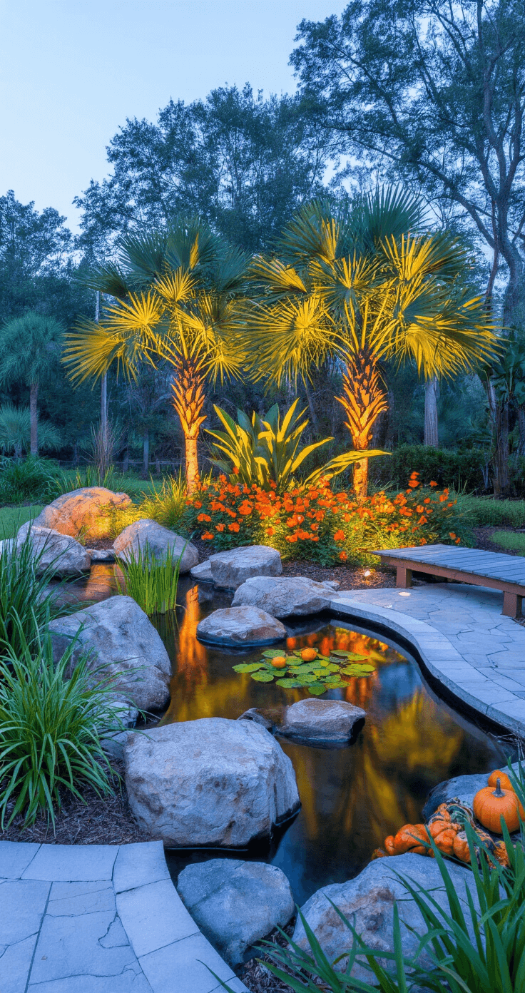 A stunning water feature garden at blue hour, featuring a naturalistic pond surrounded by boulders, native grasses, and illuminated Sabal palmettos and firebush, with a curved flagstone path, wooden bridge, and seasonal autumn decorations.