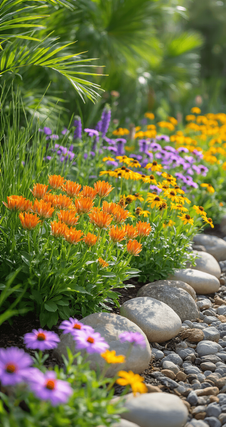 Macro photography of a native Florida wildflower garden bed featuring orange milkweed, purple asters, and yellow coreopsis, accented by grasses, river rocks, and weathered wood, with a softly blurred background of palm fronds.