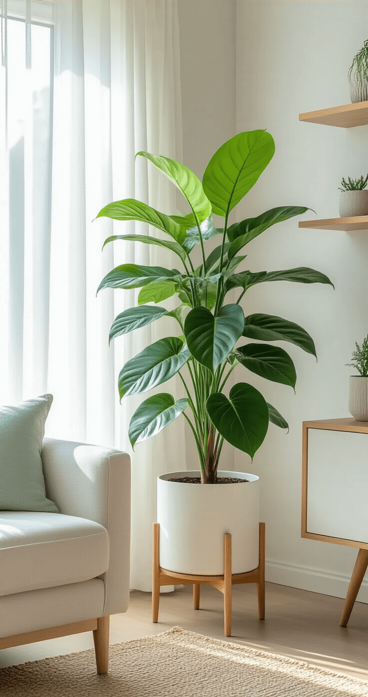 A bright, airy living room corner featuring a Philodendron Florida Ghost in a sleek white planter on a wood stand, with sheer white curtains filtering morning light through floor-to-ceiling windows, complemented by a cream linen armchair, jute rug, and white oak shelves, showcasing a serene botanical sanctuary.