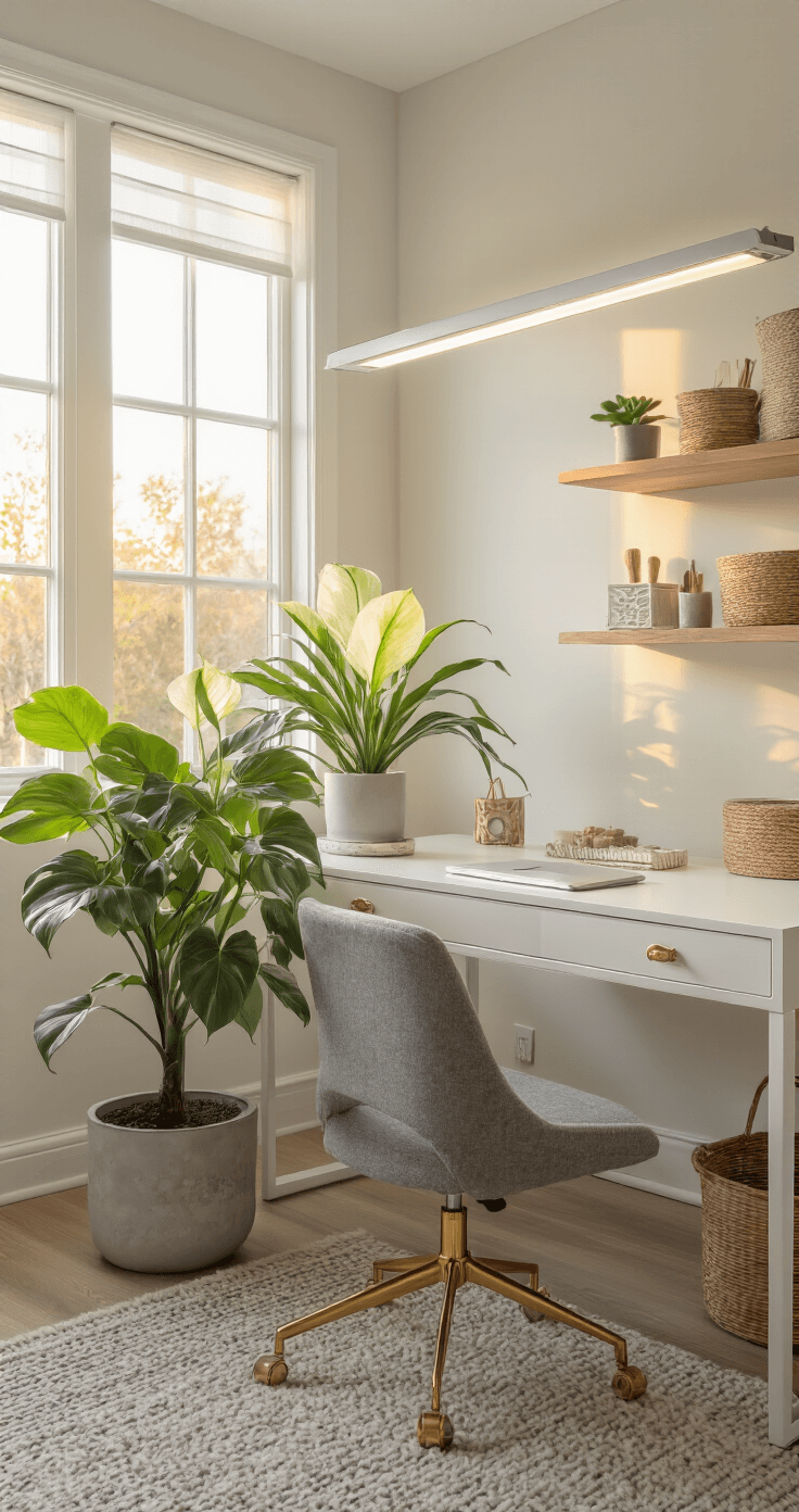 An elegant home office with warm amber lighting, featuring a Philodendron Florida Ghost in a concrete planter next to a white Scandinavian desk, complemented by a gray wool chair, natural fiber baskets, and floating shelves.