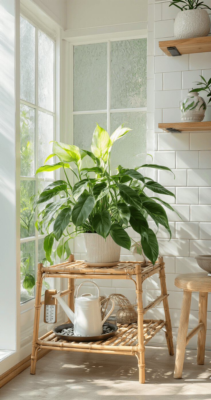 A bright sunroom with a three-tiered bamboo plant stand showcasing a Philodendron Florida Ghost in various growth stages, surrounded by a brass moisture meter, white ceramic watering can, and a humidity tray with river stones, featuring white subway tile walls and natural wood shelving.