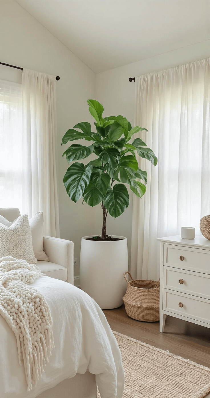 A minimalist bedroom corner featuring a mature Philodendron Florida Ghost climbing a moss pole, surrounded by a white oak nightstand, cream accent chair, and textured natural elements in a soft, serene color palette.