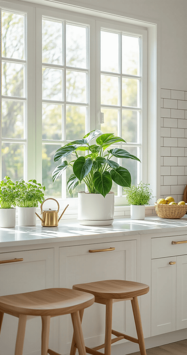 A modern kitchen with a Philodendron Florida Ghost as a living art piece on a bright windowsill, featuring white quartz countertops, white shaker cabinets, natural wood bar stools, and a subway tile backsplash, captured in brilliant morning light. Complementary elements include a brass watering can, ceramic plant markers, fresh herbs in white planters, and a woven fruit basket, all blending pure whites, warm woods, and brass accents with pops of green.