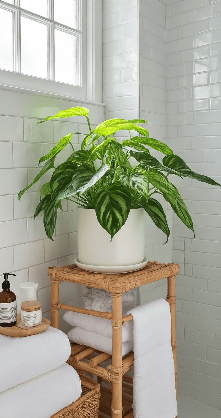 A luxurious bathroom features a thriving Philodendron Florida Ghost in a white ceramic planter on a bamboo shower caddy, surrounded by white marble walls, white subway tiles, and brass fixtures, with soft morning light illuminating the space.