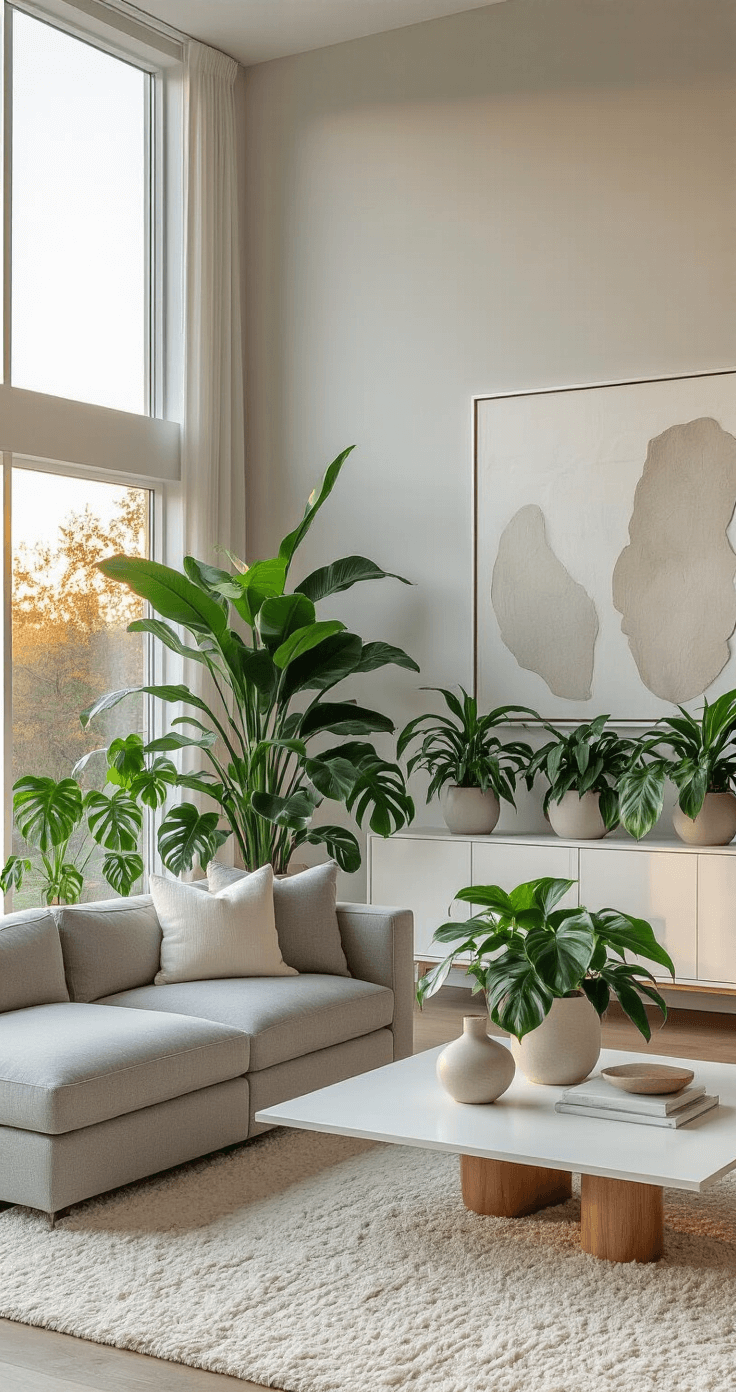 Contemporary living room featuring a collection of Philodendron Florida Ghost plants in various growth stages, illuminated by golden evening light, with a gray sectional sofa, white oak coffee table, and abstract art, creating a sophisticated plant collector's display.