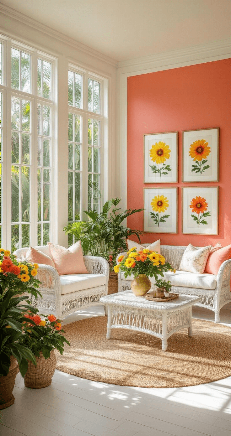 Photorealistic interior of a bright Florida sunroom featuring white wicker furniture, a coral-painted accent wall with botanical prints, vintage brass planters with artificial hibiscus, and a natural jute rug, all bathed in mid-morning golden light.