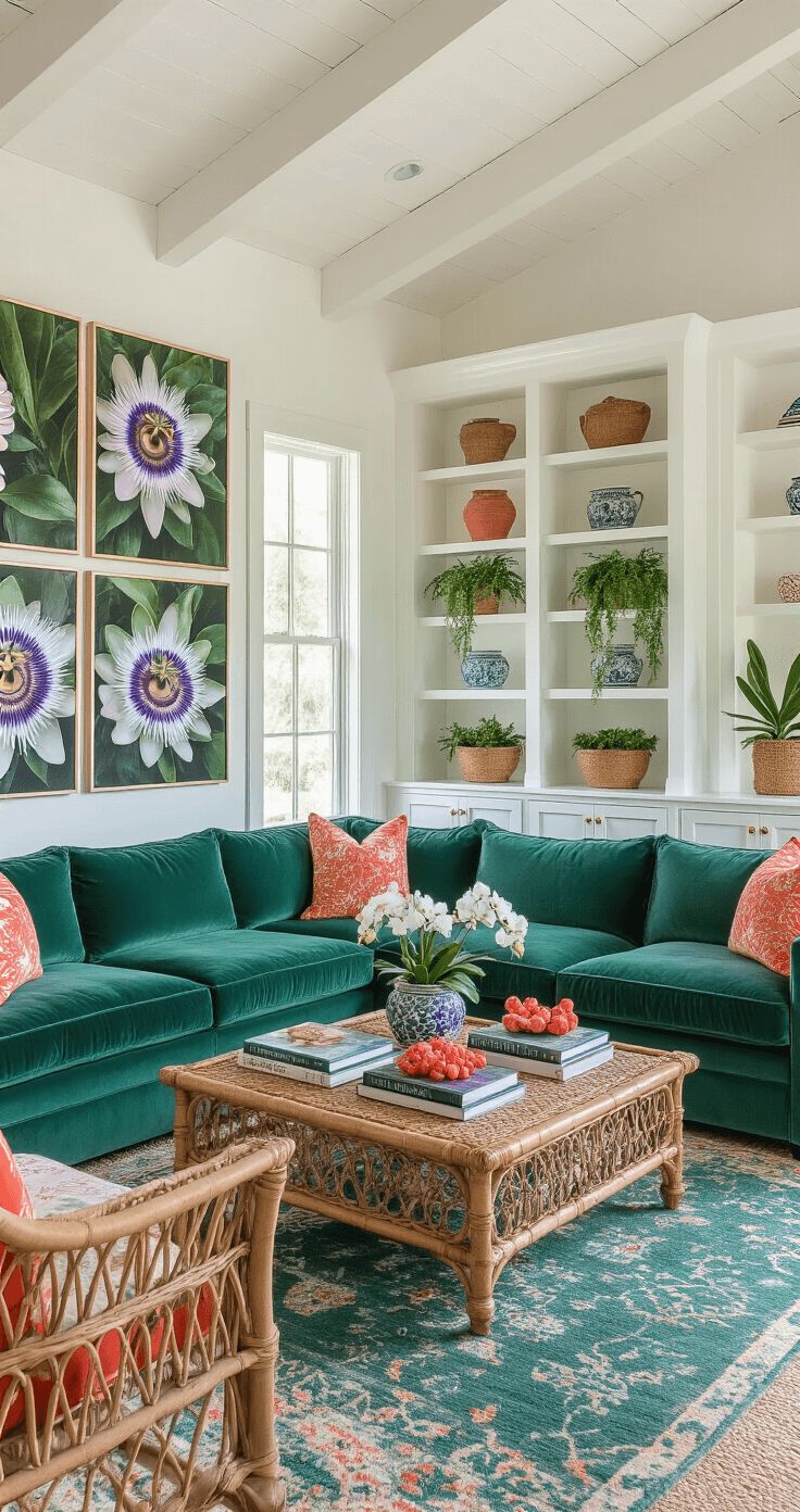 Wide-angle view of an eclectic Florida living room featuring exposed white-painted wood beams, a jewel-toned emerald velvet sectional, and a gallery wall of oversized passion flower photography. The vintage rattan coffee table is styled with Florida gardening books, fresh white orchids, and coral accessories, set on layered Persian and jute rugs. Built-in white bookcases display ceramic planters with trailing pothos, creating a rich, tropical atmosphere with deep teals, emerald greens, and warm coral accents.