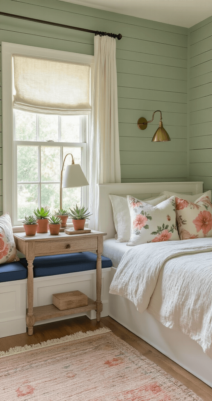 Intimate corner of a Florida bedroom featuring a sage green shiplap accent wall, whitewashed oak platform bed with cream and dusty rose linen bedding, vintage nightstand with potted succulents and a brass lamp, and a window seat with navy blue cushions and hibiscus print throw pillows, all bathed in soft morning light with natural fiber curtains.