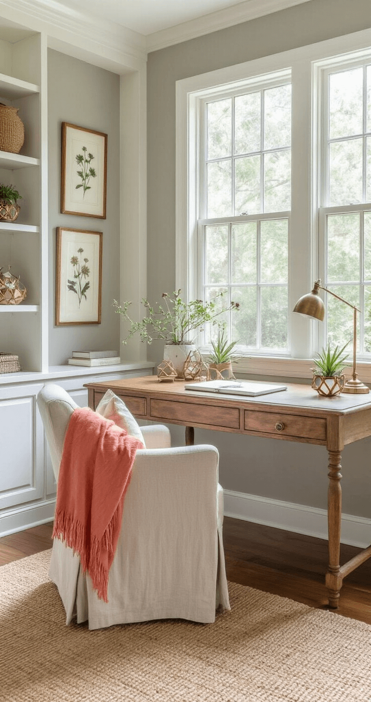 Elegant home office in Florida with built-in white bookcases, warm gray walls, and natural light from large windows. Features a vintage wooden desk with brass accessories and air plants, a gallery wall of pressed flowers and botanical illustrations, a cream linen reading chair with a coral throw blanket, and a natural jute rug on warm wood floors.