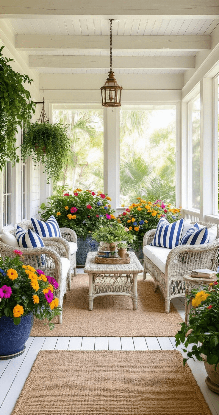 Cozy Florida screened porch featuring vintage wicker furniture with navy blue and white striped cushions, surrounded by colorful lantana and hibiscus in large planters, under a white-painted tongue-and-groove ceiling, with warm golden hour lighting and whitewashed wood floors.