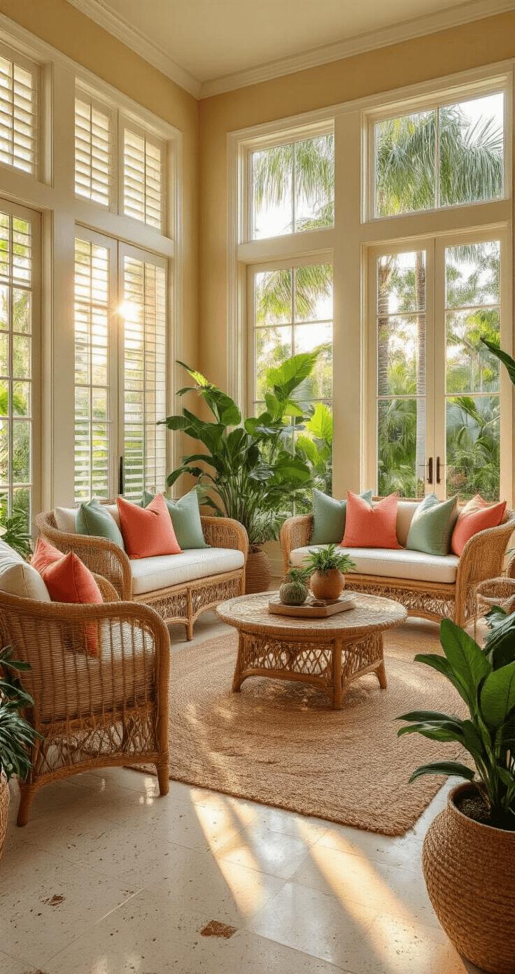 Wide-angle shot of a sunny Florida sunroom featuring floor-to-ceiling windows, natural rattan furniture with sage green and coral pillows, polished terrazzo floors, and tropical decor, capturing a warm and inviting indoor-outdoor living space at golden hour.