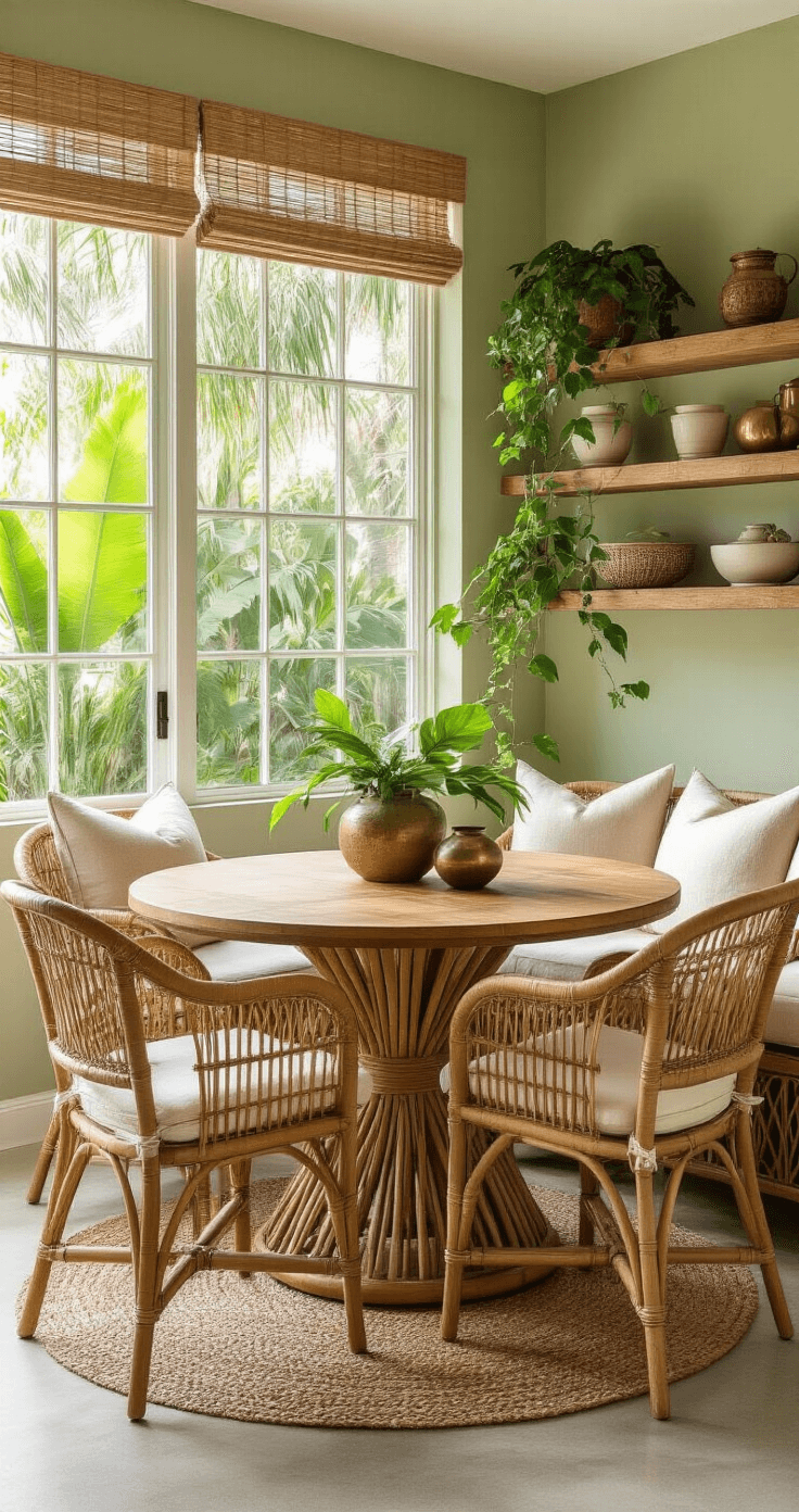 Intimate Florida dining nook at sunrise with a round teak table, woven rattan chairs, and large windows showcasing palmetto palms and bougainvillea. Soft sage green walls, natural wood shelves with tropical pottery, and textural contrasts from concrete floors and jute placemats enhance the cozy, budget-friendly tropical aesthetic.