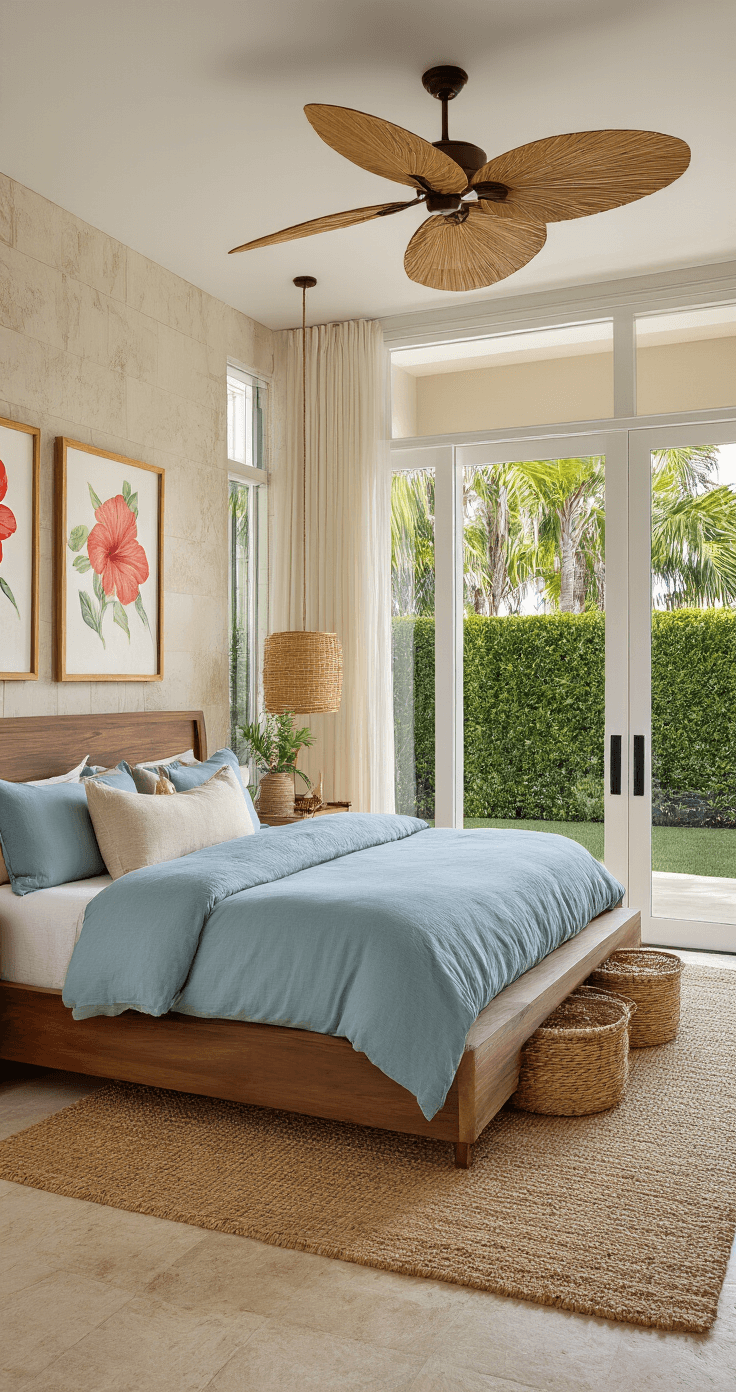 Spacious Florida bedroom at golden hour featuring a walnut king-sized bed with ocean blue and sandy beige linens, floor-to-ceiling sliding doors revealing palm trees, a jute rug, a travertine accent wall, and tropical-inspired artwork in warm ivory and coral tones.