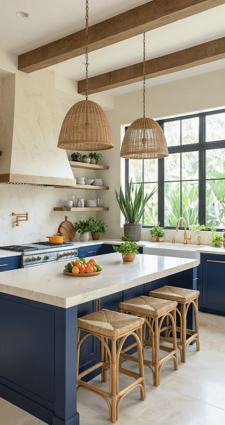 A contemporary Florida kitchen bathed in mid-morning light, featuring a large quartzite island, navy blue cabinetry with brass hardware, and a tropical-inspired decor with agave and hibiscus plants visible through the windows. The space includes a marble backsplash, wooden beams, and polished concrete floors, accented by natural rattan pendant lights and vibrant fruit and herb displays.
