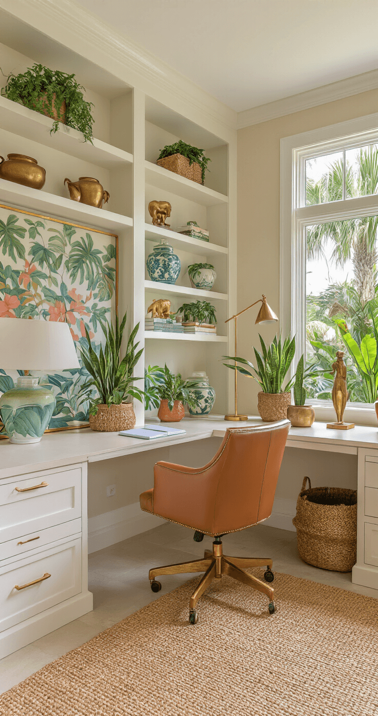 Elegant Florida home office with built-in shelving displaying tropical ceramics and plants, large teak desk facing palm tree views, cognac leather chair, jute rug, and vibrant artwork under natural and LED lighting.