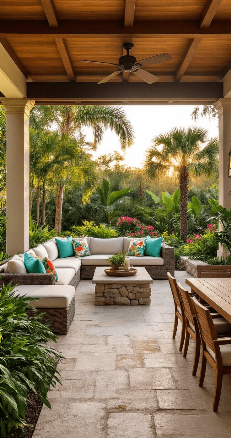 Stunning Florida outdoor living space at sunset, featuring a covered pavilion with wooden beams, oversized cream sectional, lush tropical plants, and a natural stone pathway, showcasing an inviting and vibrant tropical oasis.