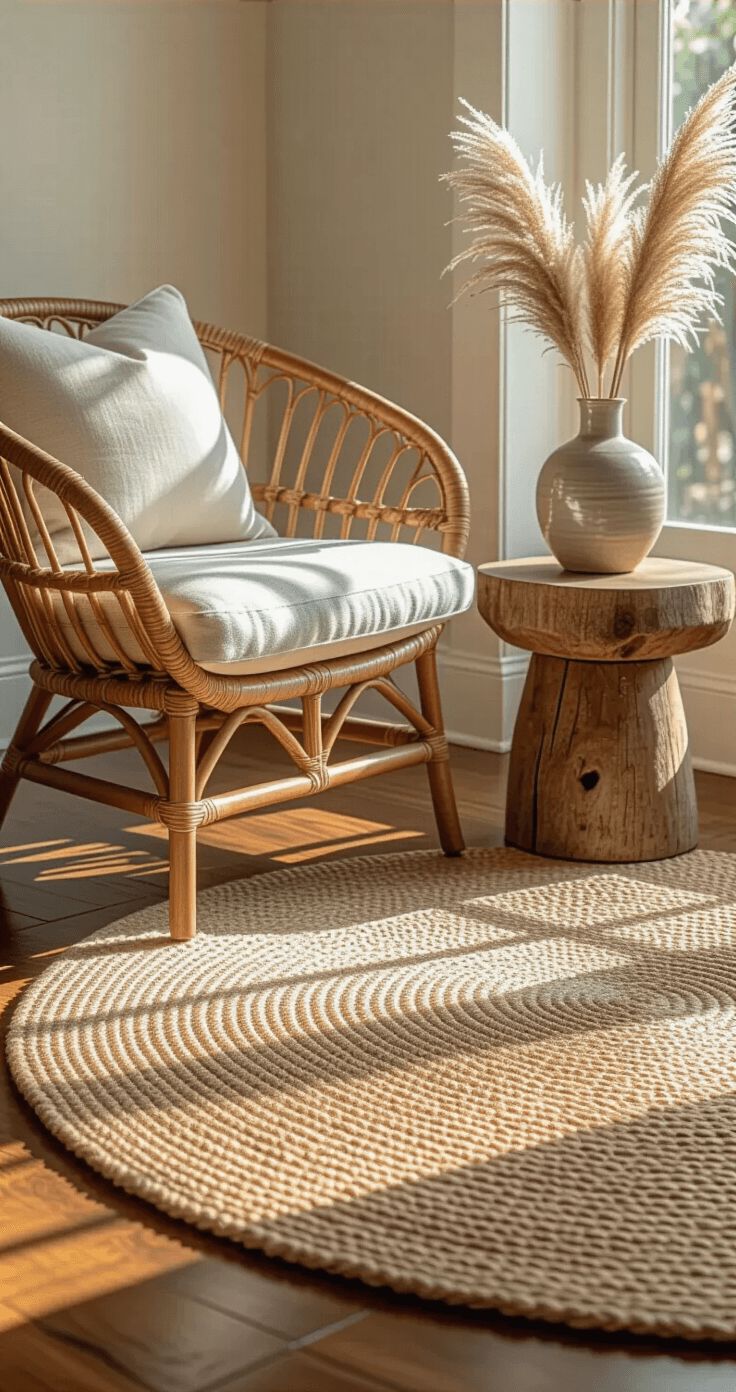 Close-up view of a Florida coastal living space featuring a handwoven jute rug over hardwood floors, a rattan chair with cream cushions, a live-edge wood side table, and a ceramic vase with pampas grass, all accented by warm afternoon sunlight highlighting natural textures.