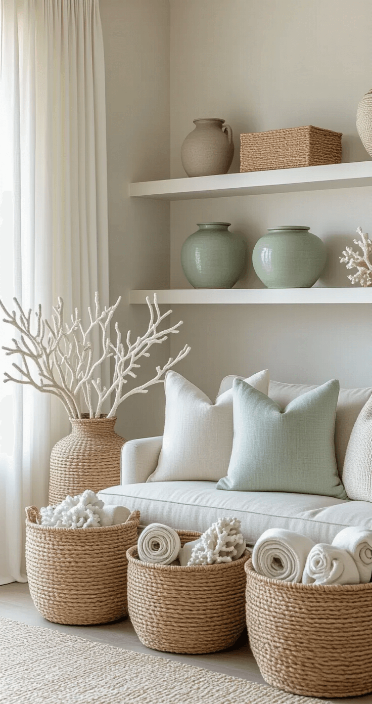 Professional interior photograph of a Florida living room corner showcasing coastal styling with woven seagrass baskets, ceramic vessels in muted tones, and throw pillows with subtle coastal patterns on a neutral sofa, all illuminated by soft morning light.