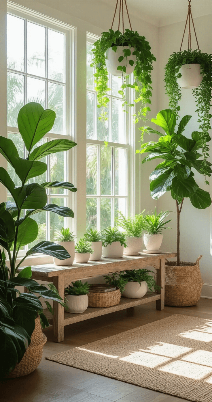 Lush Florida coastal living room with tall fiddle leaf fig trees in woven baskets, cascading pothos in white planters, and clustered succulents on a rustic console table, illuminated by late morning sunlight through tall windows, highlighting green textures against white walls and natural fiber rugs.