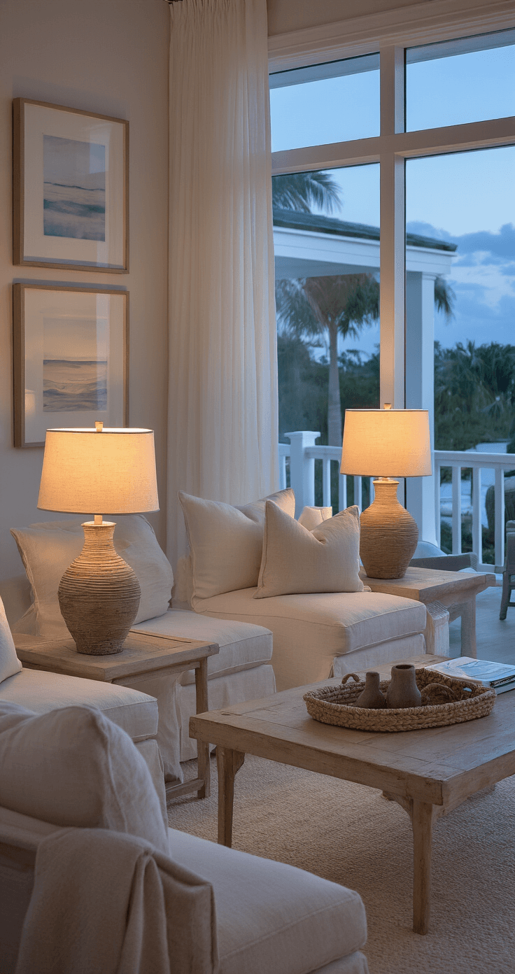 Coastal contemporary living room in Florida during blue hour, showcasing sophisticated lighting design with warm ambient light from lamps, strategically placed mirrors, sheer ivory curtains, and soft LED accents, all enhancing a serene atmosphere in a neutral color palette.