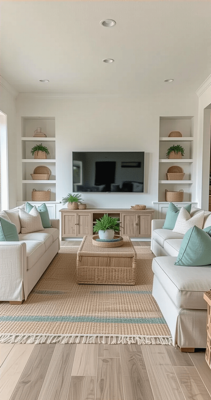 A contemporary Florida living room featuring a neutral linen sectional, wall-mounted smart TV, and built-in shelving with coastal decor, all arranged for clear sightlines and conversation areas. The space incorporates sandy area rugs, seafoam accent pillows, and lush sage green plants, creating a cohesive coastal design with natural textures like jute and weathered wood. Bright, even lighting highlights the stylish, clutter-free environment from the entryway perspective.