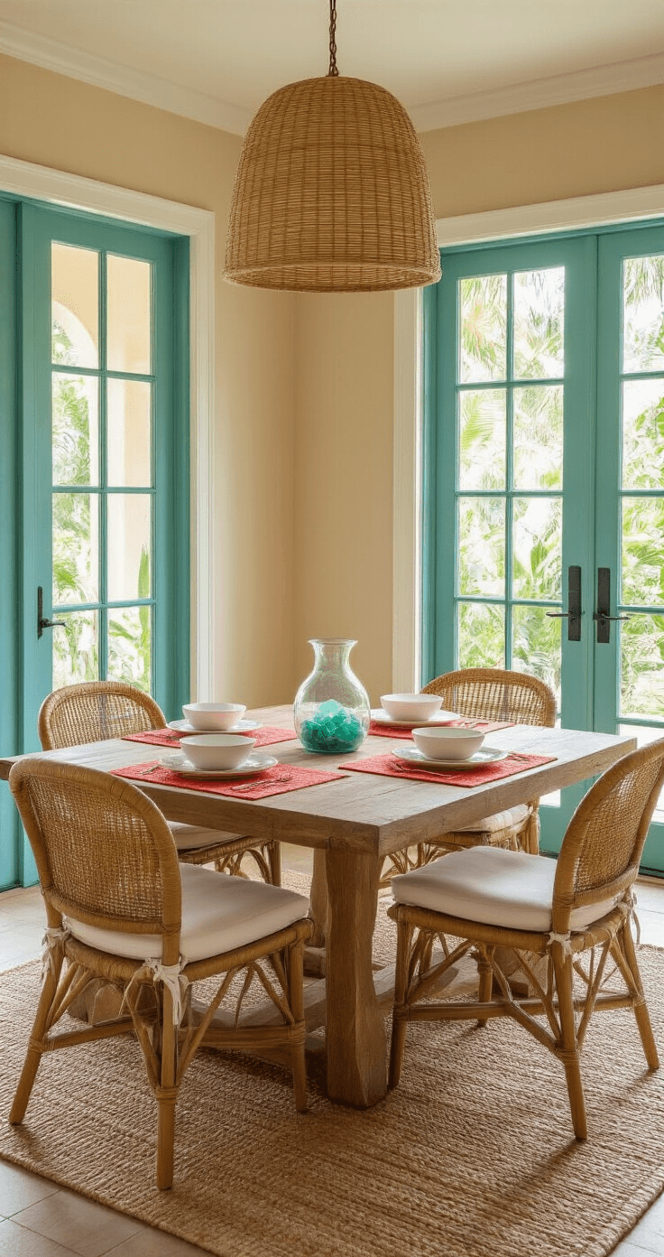 Intimate Florida-style dining space at golden hour featuring a reclaimed teak table and woven rattan chairs with white cushions, framed by French doors revealing a tropical garden. A natural fiber pendant light casts warm shadows over coral-colored placemats and white ceramic dinnerware, complemented by a centerpiece of sea glass in a hurricane vase. Sandy beige walls and turquoise window trim enhance the cozy atmosphere, anchored by a seagrass rug.