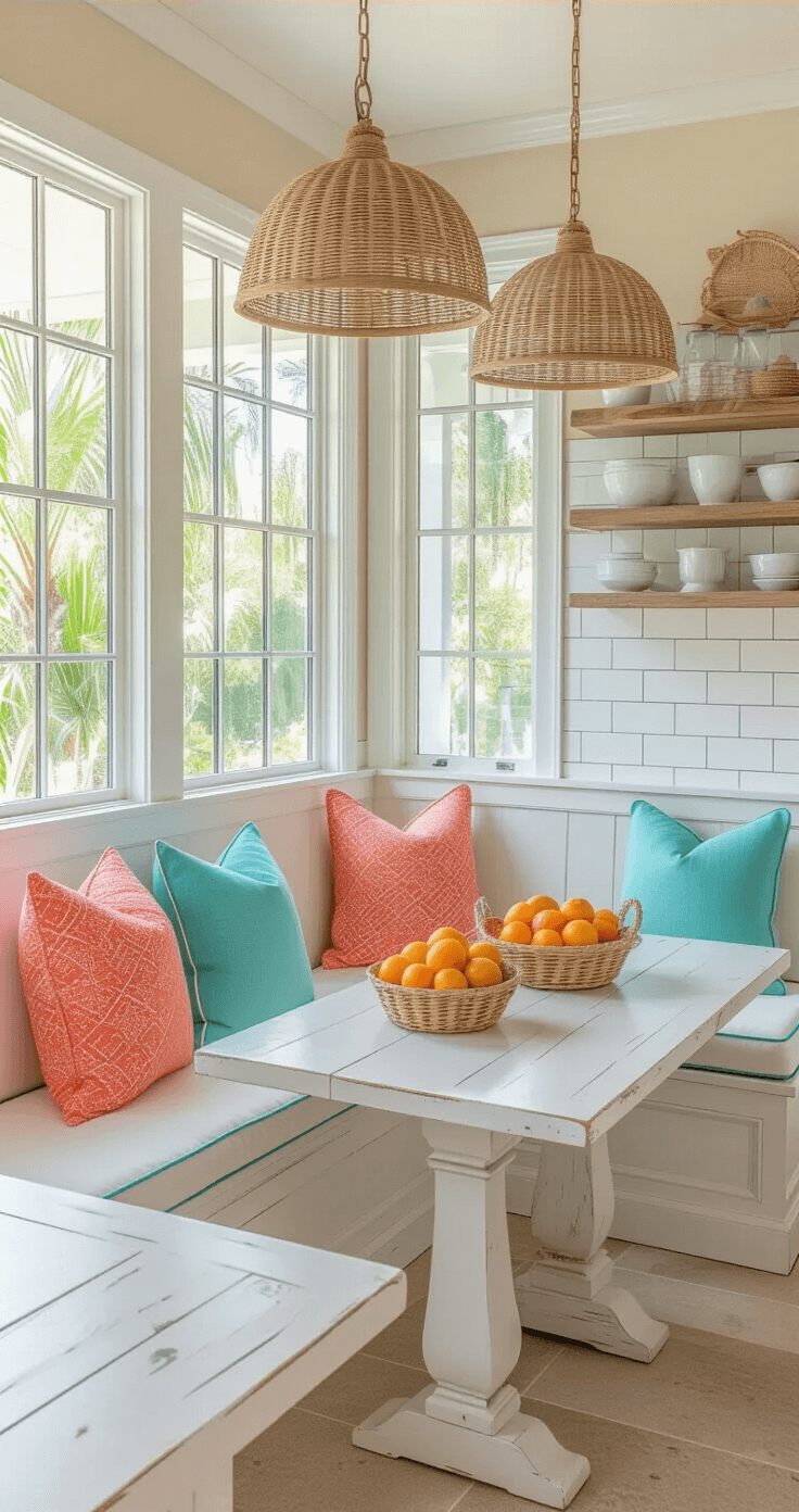 A vibrant Florida-style kitchen breakfast nook featuring a built-in banquette with white cushions and turquoise piping, large corner windows with tropical views, a distressed white table with citrus fruits, coral and seafoam throw pillows, white subway tile backsplash, rattan pendant lights, open shelving with ceramics, and sandy beige walls, all bathed in bright natural light.