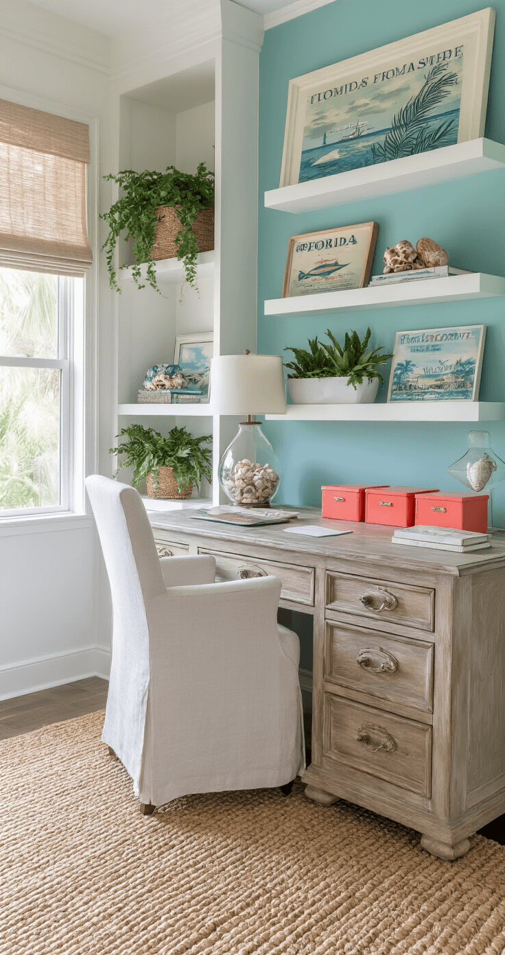 Sophisticated Florida home office featuring a weathered wood desk, white linen chair, and coastal decor, framed by built-in bookcases and large windows with natural linen panels, all bathed in warm afternoon light.