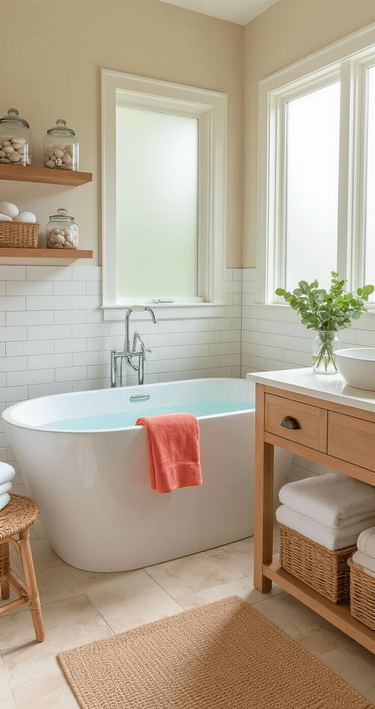 Serene Florida-style bathroom featuring a freestanding white soaking tub under a frosted window, natural teak vanity with coral towels, glass jars with shells, woven baskets, and a seagrass mat on stone floors, all bathed in soft morning light.