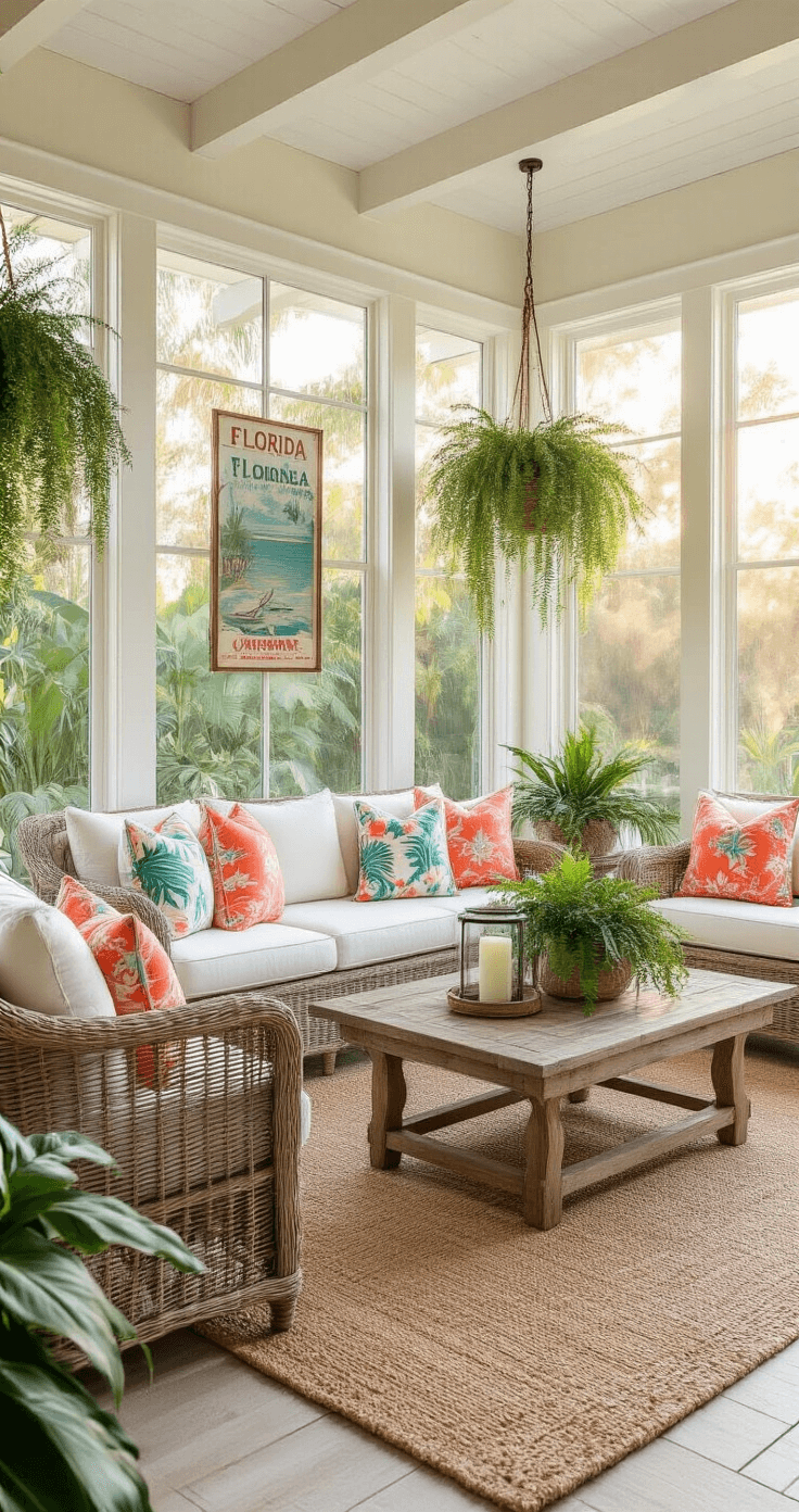 Inviting Florida-style sunroom with wicker seating, reclaimed wood coffee table, and tropical decor, featuring floor-to-ceiling windows, plush cushions, and lush greenery, captured during golden hour.