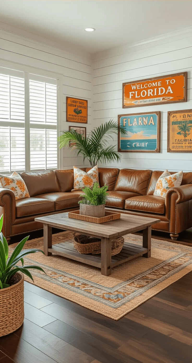 Photorealistic living room with white shiplap walls and dark hardwood floors, featuring vintage Florida-inspired decor, a distressed cognac brown leather sectional, rustic wood coffee table with antique orange blossom signs, gallery wall of framed vintage Florida highway signs and travel posters, palm plants in woven baskets, and warm golden hour sunlight through plantation shutters.