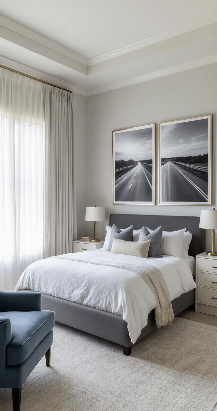 A serene master bedroom retreat featuring gray walls, a charcoal platform bed, and large black and white highway photography prints. Soft dawn light filters through sheer curtains, illuminating minimalist white oak nightstands and brass lamps. A blue velvet reading chair sits by the windows, contributing to the tranquil atmosphere.