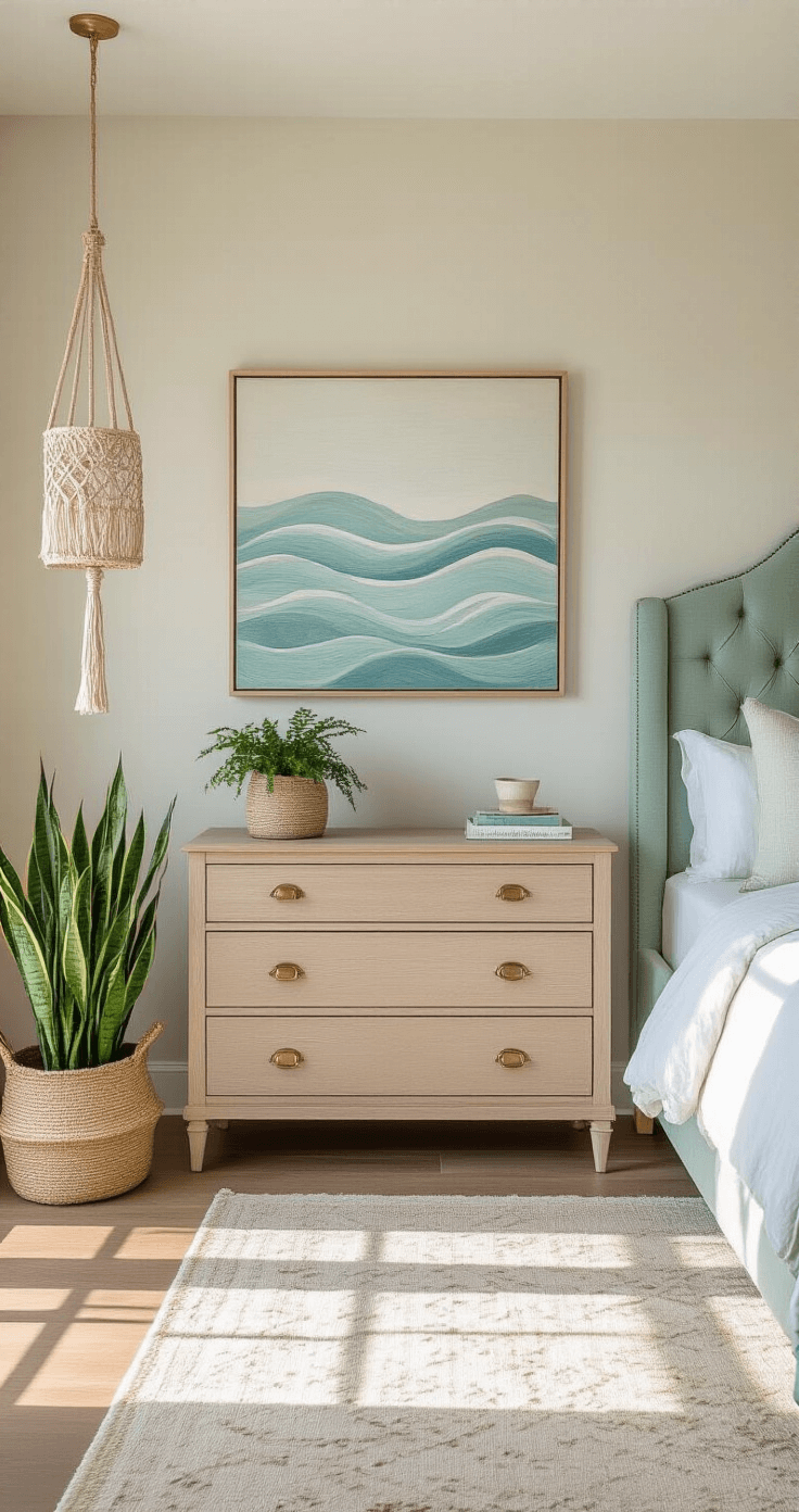 Wide-angle view of a Florida bedroom featuring a soft sage green upholstered headboard, light wood minimalist dresser, and matching nightstands with brass hardware. The room is adorned with abstract ocean wave wall art, a potted snake plant, and a hanging macrame planter, all bathed in golden hour light. The color scheme includes aqua blues, sandy neutrals, and crisp whites, with natural shadows on hardwood floors adding warmth to the relaxed coastal styling.