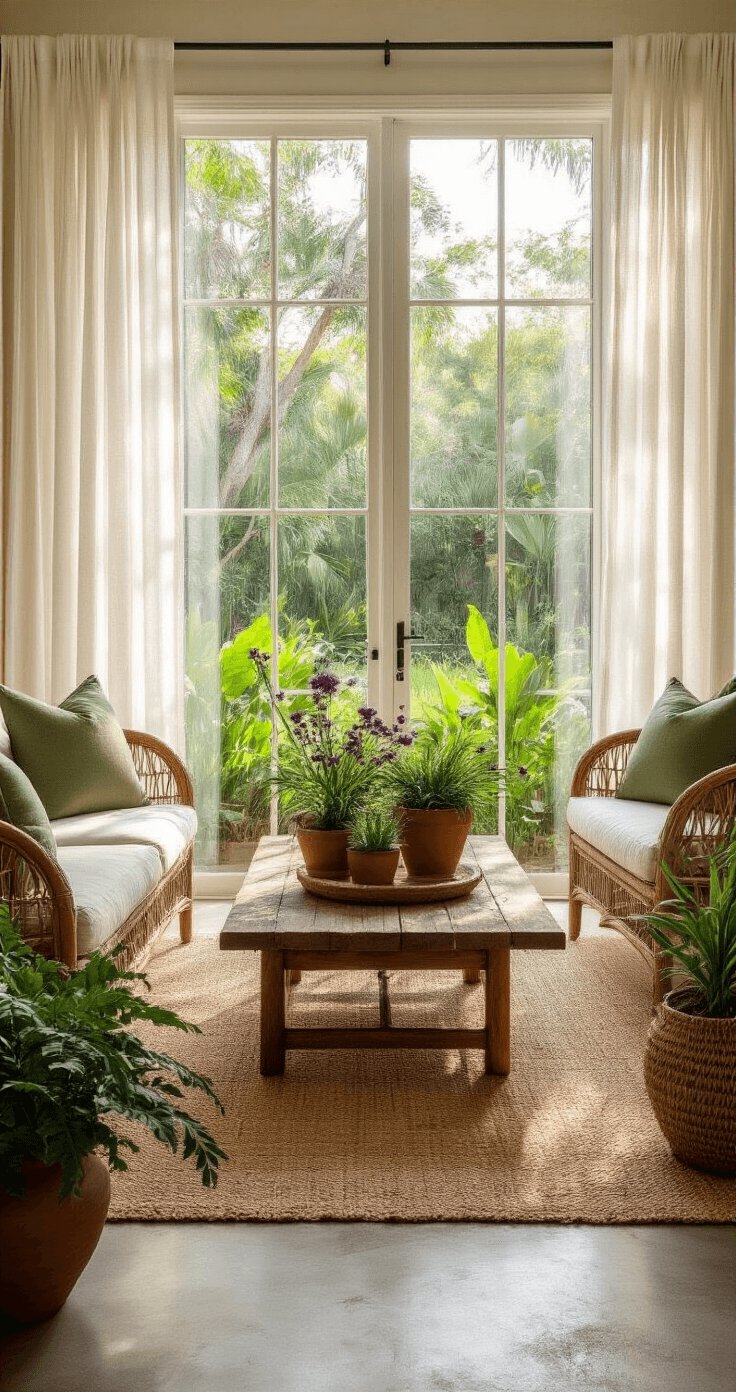 Photorealistic sunroom with floor-to-ceiling windows overlooking a lush Florida garden, illuminated by golden morning light. Features include a weathered teak coffee table with native beautyberry and muhly grass, polished concrete floors, a beige jute rug, rattan furniture with sage green cushions, and terra cotta planters with native plants, accented by dried muhly grass in ceramic vases.