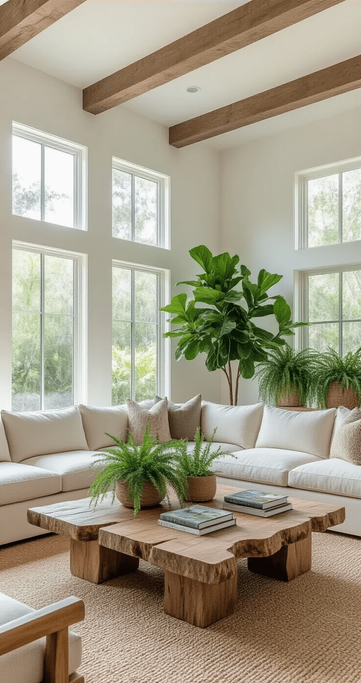 A modern Florida-style living room with white walls and wood beam accents, featuring a low-profile sand-colored sectional, live-edge cypress coffee table, and layered plant displays including Southern Wax Myrtle and Spanish moss, all bathed in soft afternoon light.