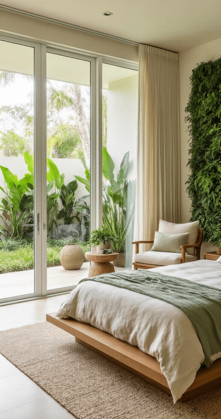 High-end master bedroom with natural oak platform bed and organic linen bedding in cream and sage, featuring a reading nook, living walls with air plants, and beautyberry specimens, all illuminated by early morning light through large sliding glass doors.