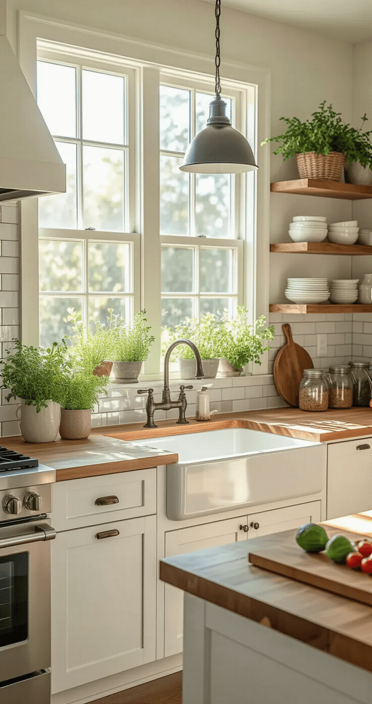 Photorealistic kitchen showcasing Florida native plants, bright sunlight, white shaker cabinets, butcher block countertops, large island with mason jars and beautyberries, open shelving with ceramic dishes and botanical guides, natural stone backsplash, stainless steel appliances, woven grass pendant lights, polished concrete floors, and a natural fiber rug.