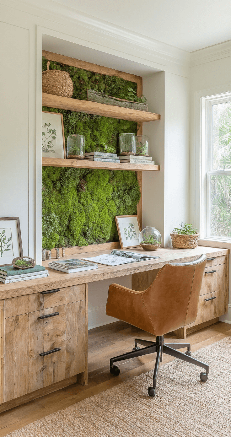 Interior view of a home office inspired by Florida's landscape, featuring a custom reclaimed cypress desk under a large window with a rain garden, warm white walls, a living moss accent wall, landscape design books, natural leather chair, floating shelves with native seeds, wide-plank bamboo flooring, and greenery from various small plants.