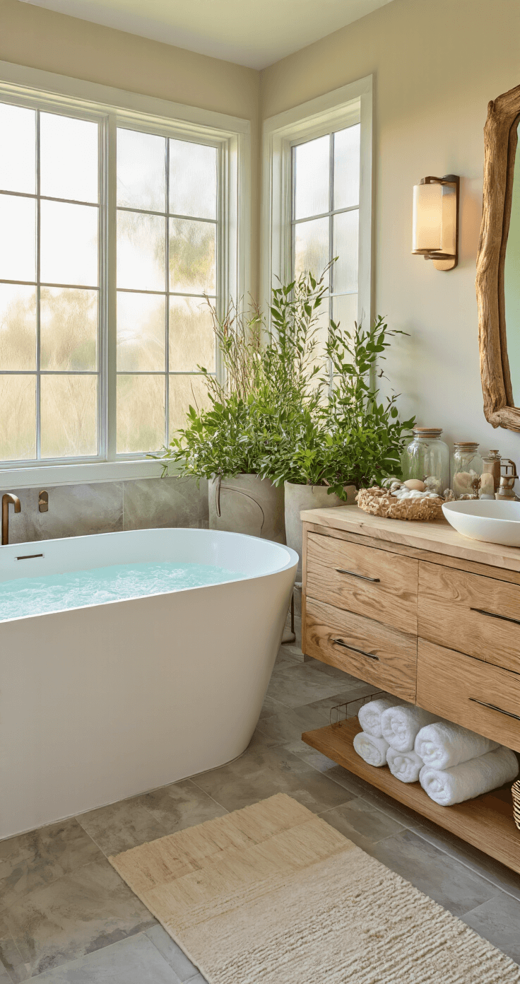 Luxury bathroom interior featuring a freestanding soaking tub, live-edge wood floating vanity, and natural stone flooring, illuminated by golden hour light through frosted glass. The serene space includes lush greenery, warm tones, and spa-like accents.