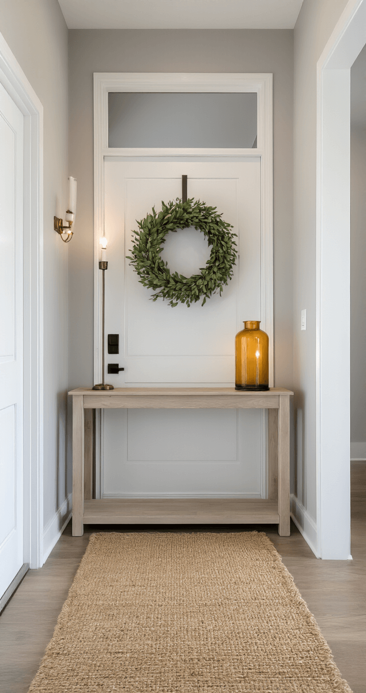 Minimalist Christmas Decor: Create a Serene Holiday Sanctuary A modern farmhouse entryway with a minimalist metal wreath on a pure white door, showcasing a natural jute runner leading to a sleek bleached oak console table. An amber glass hurricane lamp emits a warm glow against soft gray walls, with vintage brass coat hooks evenly spaced. The camera captures a symmetrical composition with mixed lighting of natural light and warm accents.
