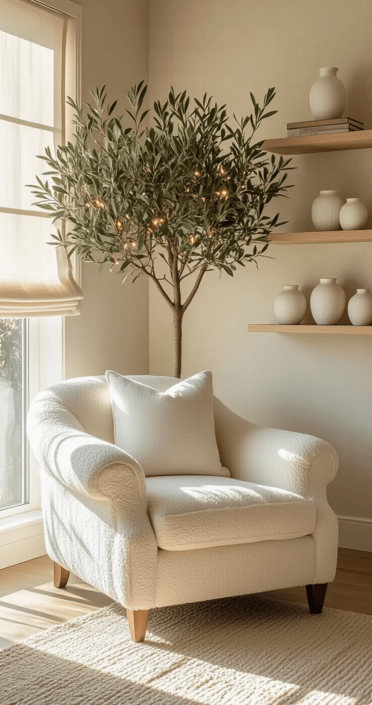 Minimalist Christmas Decor: Create a Serene Holiday Sanctuary Cozy reading corner in a master bedroom with a cream boucle armchair and a potted olive tree adorned with warm white fairy lights, softly lit by natural light filtering through a linen roman shade. Floating pale wood shelves hold white ceramic vessels, all captured from a seated perspective.