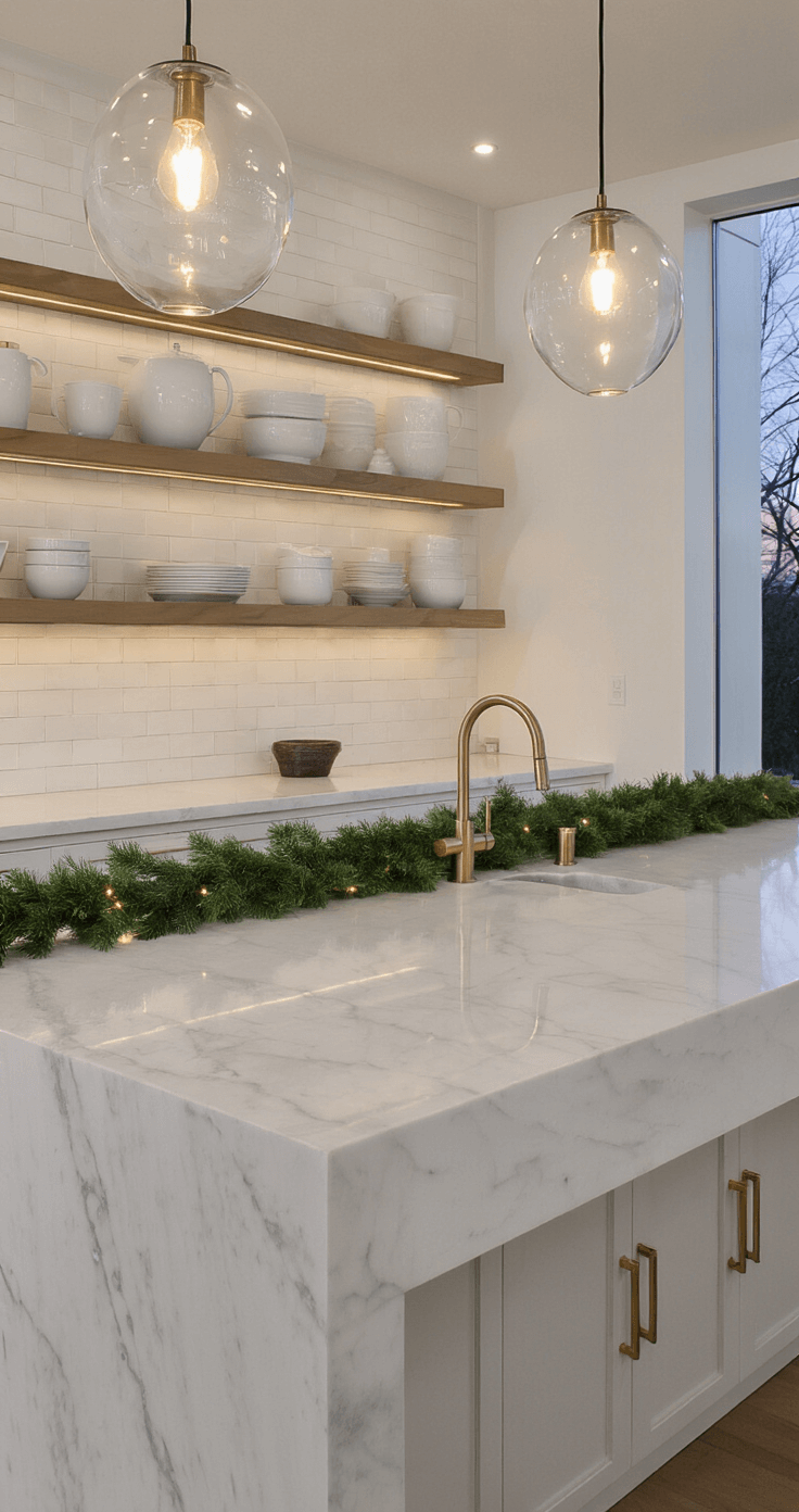 Minimalist Christmas Decor: Create a Serene Holiday Sanctuary Contemporary kitchen at twilight featuring a 12-foot waterfall island in honed white marble, with three varying-height clear glass pendant lights, simple green garland on open shelving, polished surfaces, and brushed brass hardware.