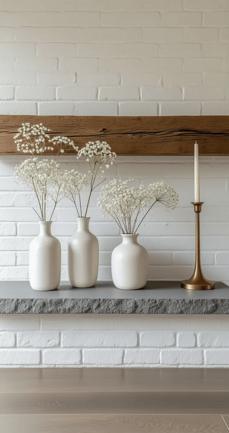 Minimalist Christmas Decor: Create a Serene Holiday Sanctuary A minimalist mantel scene featuring a pure white brick fireplace topped with a sustainable wood beam mantel, adorned with three white ceramic vases holding dried white lunaria stems, and a central oversized brass candleholder, set against a soft gray natural stone hearth, captured at dawn with natural morning light.