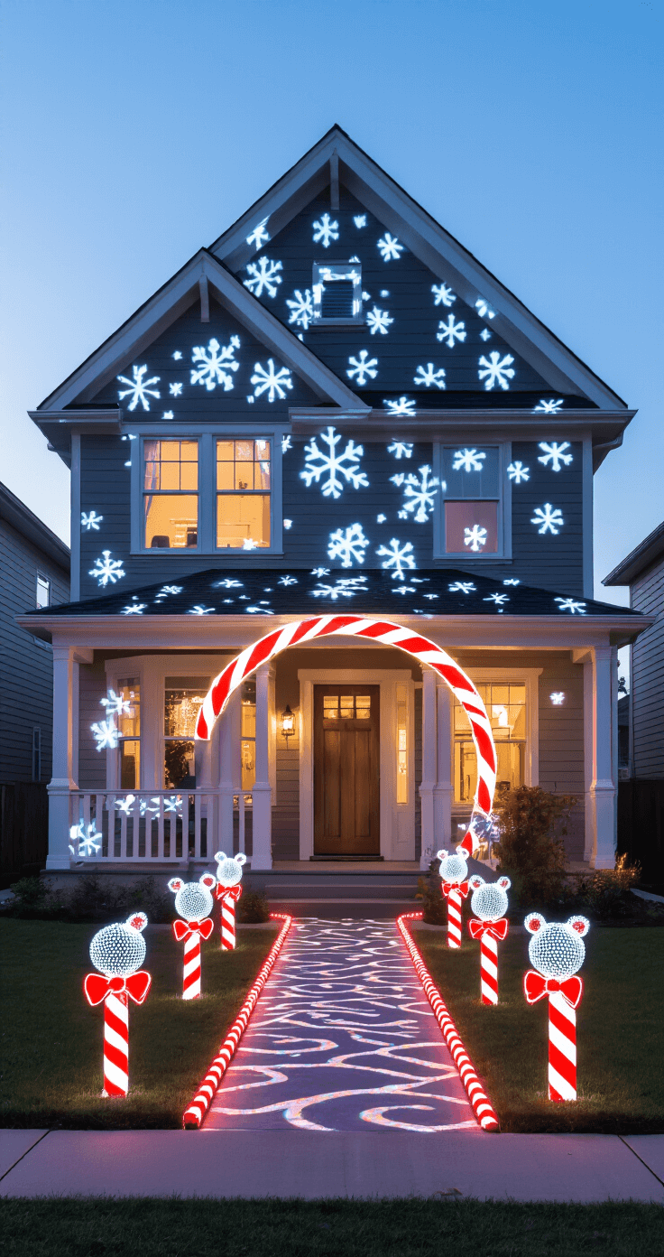 Magical Outdoor Christmas Decor: Transform Your Home into a Festive Wonderland Playful suburban home at twilight with LED projection mapping of animated snowfall, candy cane pathway, glowing archway, and whimsical topiary animals with light-up bow ties, captured from the street in a slow shutter speed for light movement effects.