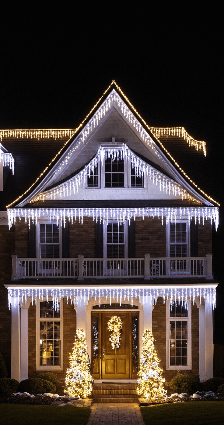 Magical Outdoor Christmas Decor: Transform Your Home into a Festive Wonderland A two-story colonial home adorned with a professional holiday light display; roof peaks outlined in cool white lights transition to warm white icicles, accompanied by color-changing uplighting on topiaries framing the entrance, captured from an elevated position in long exposure to show the synchronized light sequence.